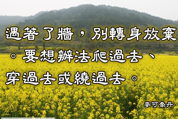 遇著了牆，別轉身放棄。要想辦法爬過去、穿過去或繞過去。--麥克喬丹