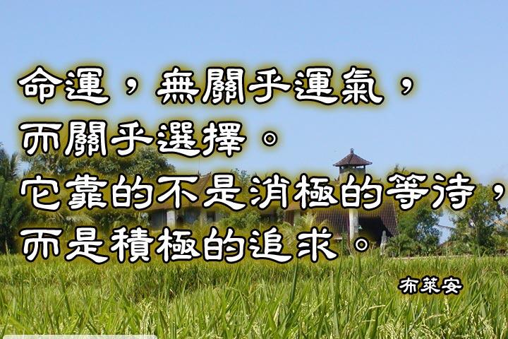 命運，無關乎運氣，而關乎選擇。
它靠的不是消極的等待，而是積極的追求。--布萊安