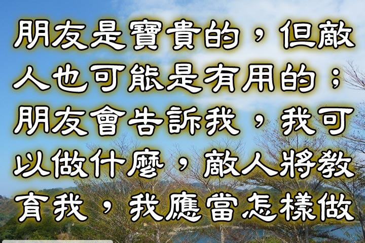 朋友是寶貴的，但敵人也可能是有用的；
朋友會告訴我，我可以做什麼，
敵人將教育我，我應當怎樣做。--席勒