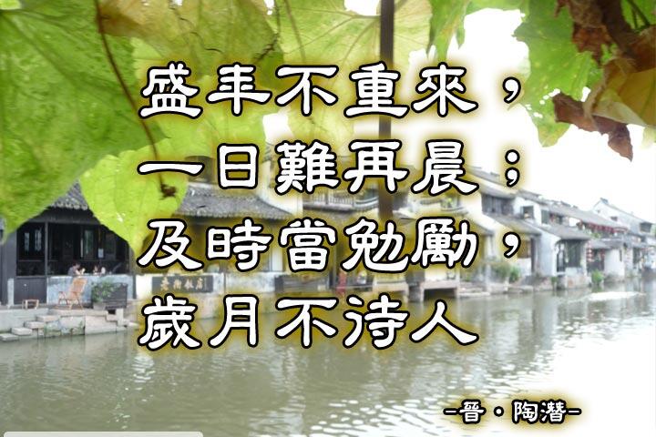 盛年不重來，一日難再晨；
及時當勉勵，歲月不待人。--陶潛