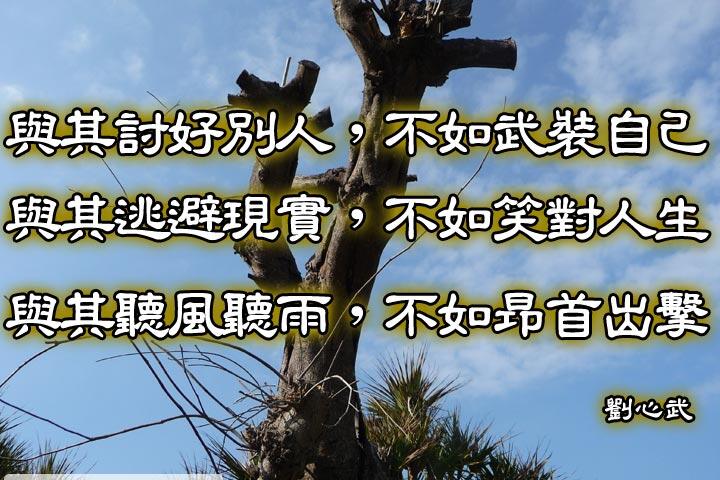 與其討好別人，不如武裝自己；
與其逃避現實，不如笑對人生；
與其聽風聽雨，不如昂首出擊。--劉心武