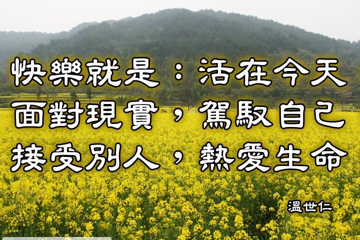 快樂就是:活在今天，面對現實，駕馭自己，接受別人，熱愛生命。--溫世仁